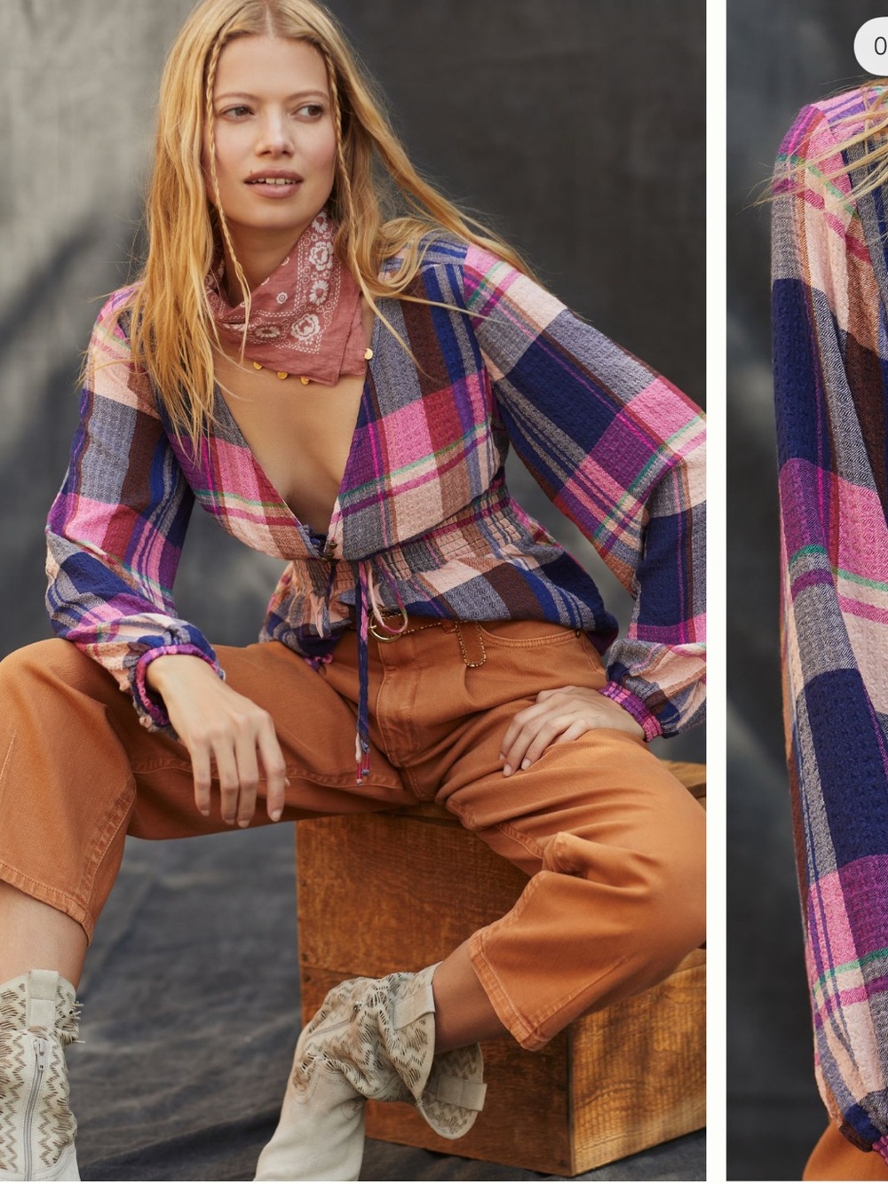 Anthropologie Pink, Navy & Brown Plaid Peplum Blouse